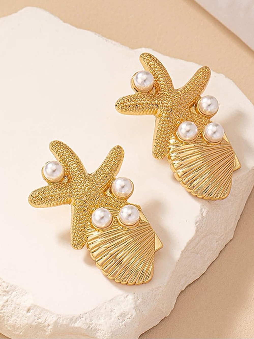 Anthropologie Gold Starfish & Shell Pearl Drop Earrings